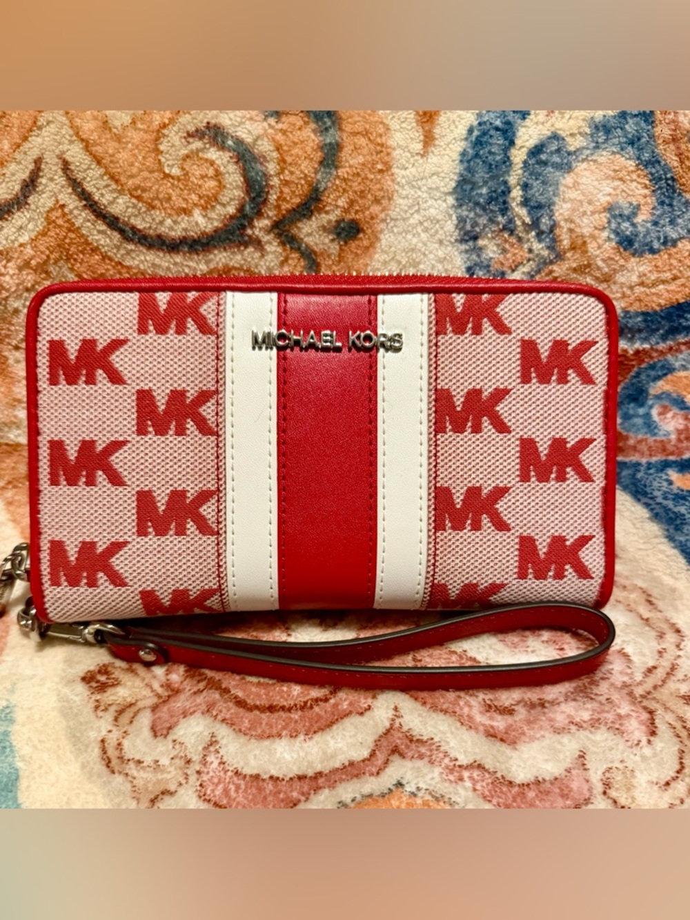 Michael Kors Red & White Monogram Wristlet with Center Stripe